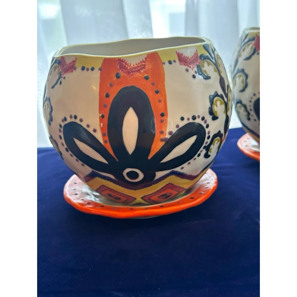 2 Ceramic Round Planters Multicolor Floral Pattern w/ Saucers Drainage Holes